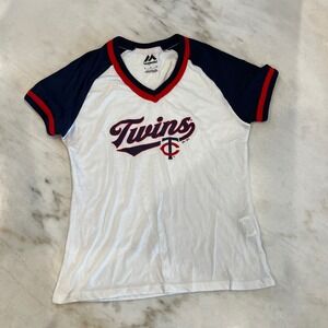 Majestic Minnesota Twins Baseball T‎ Shirt Womens Small Raglan V Neck White